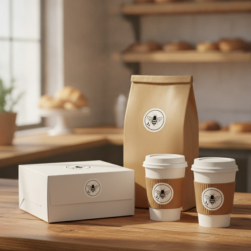 Custom logo stickers sealing a bakery box, coffee bag and coffee cups for a small business