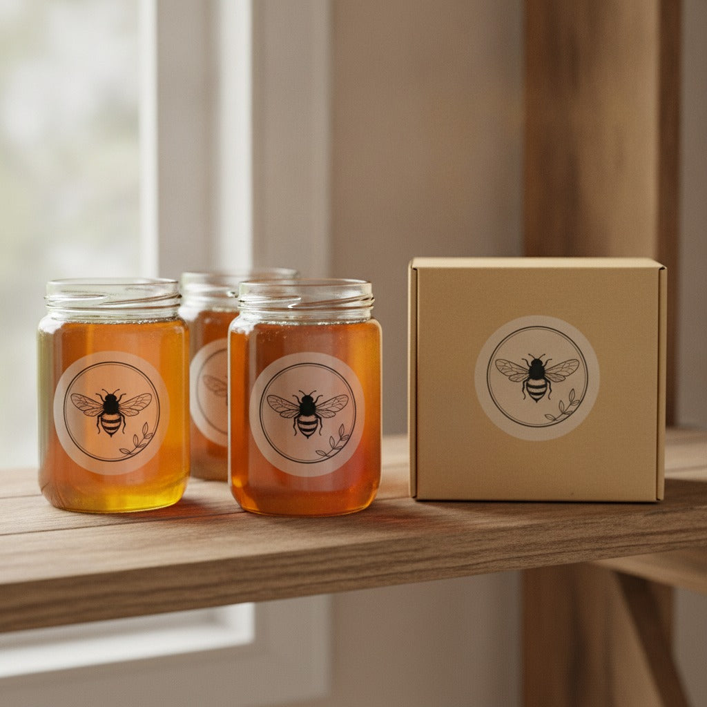 Clear custom round labels with a black logo on honey jars and a kraft packaging box