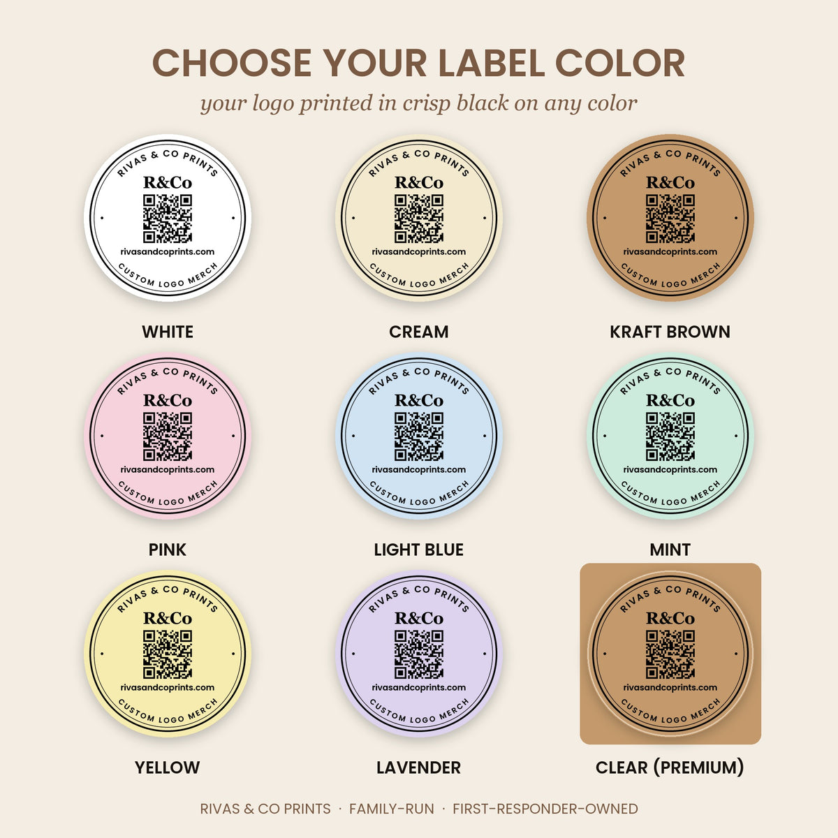 Color chart of 9 custom round logo label colors: white, cream, kraft brown, pink, light blue, mint, yellow, lavender and clear