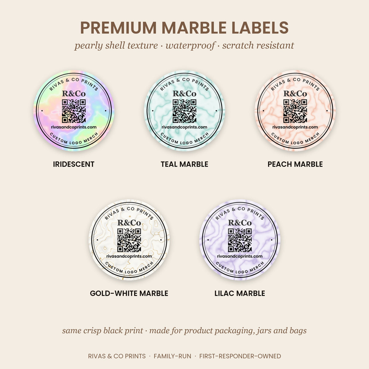 Premium marble logo labels in iridescent, teal, peach, gold-white and lilac shell texture, waterproof