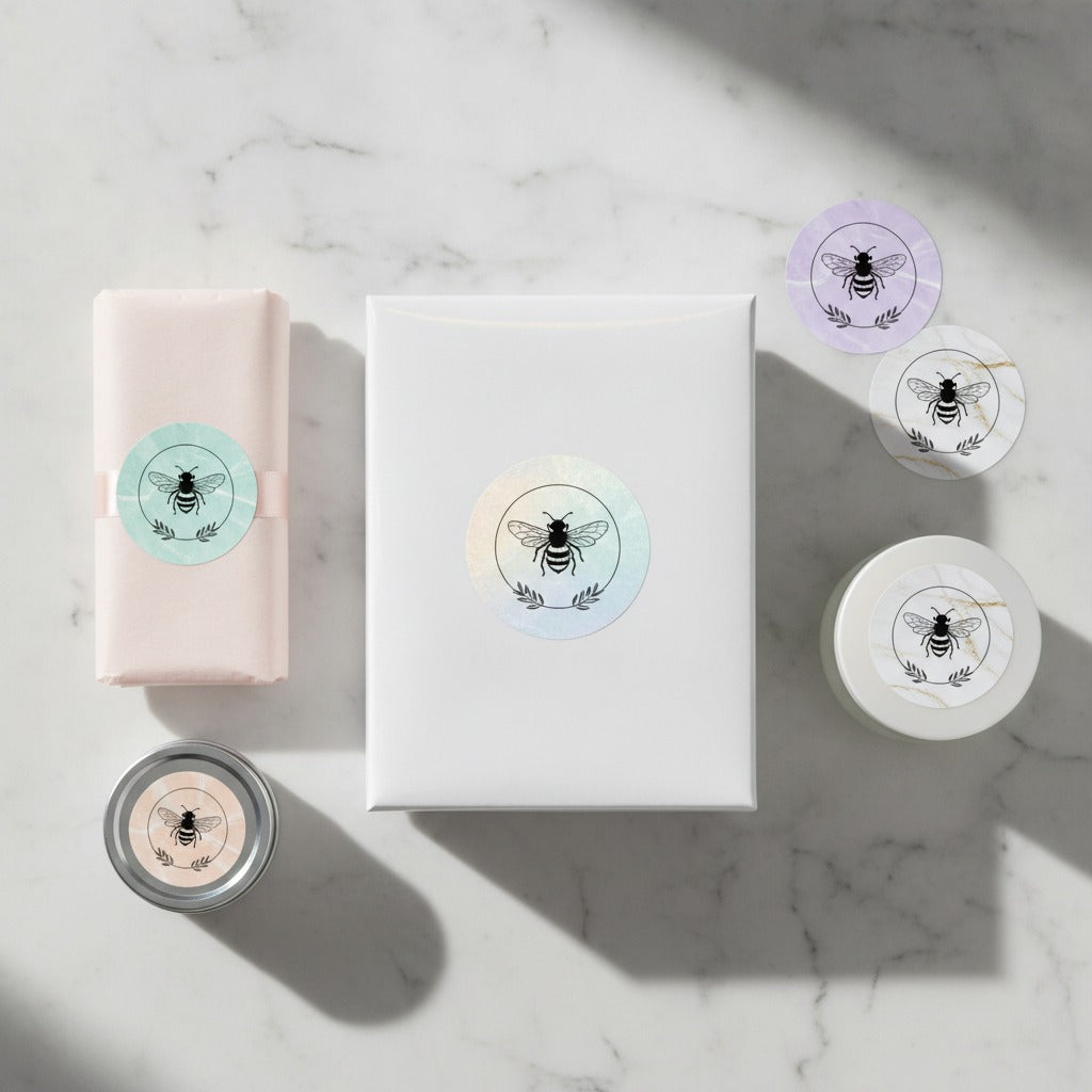 Premium marble custom logo stickers sealing boutique packaging, a candle tin and a cosmetics jar