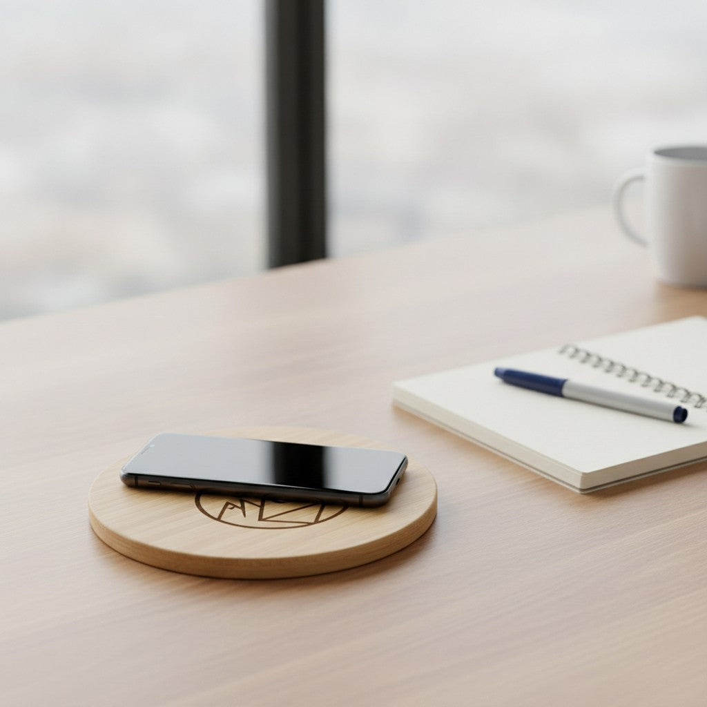 Custom Wireless Charger with Logo, Engraved Bamboo 15W Pad