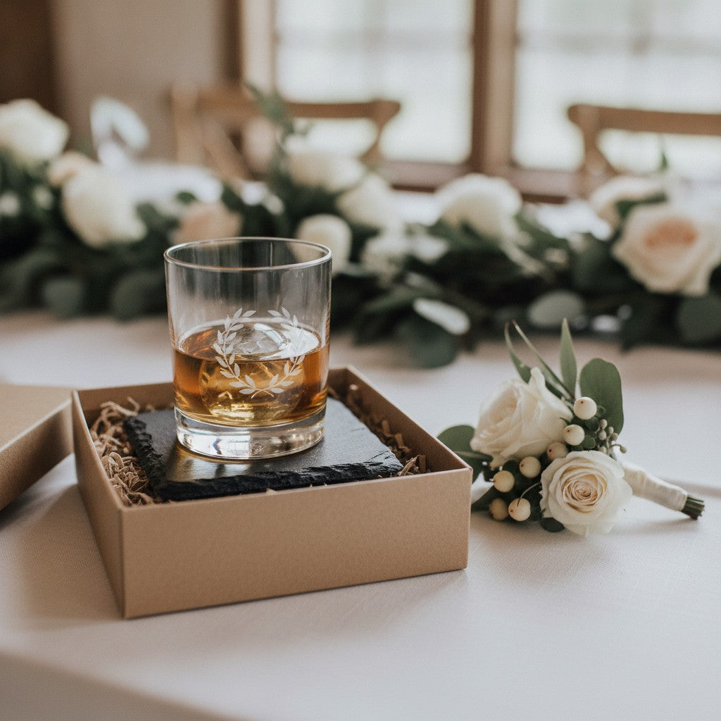 Groomsmen Whiskey Glasses & Coaster Gift Set, Engraved Names
