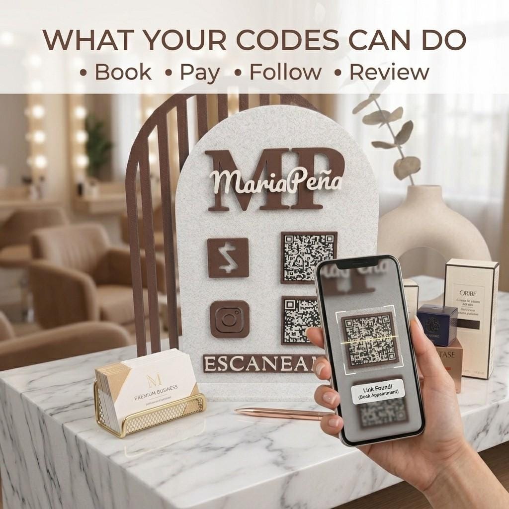 Custom QR code sign with brown MP MariaPeña logo, pay and Instagram icons, on salon counter while phone scans code