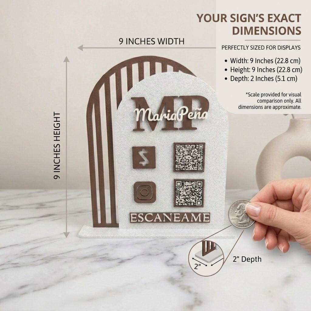 Custom QR code sign, brown and white arch with MariaPeña MP logo, 9-inch size dimensions shown with quarter for scale