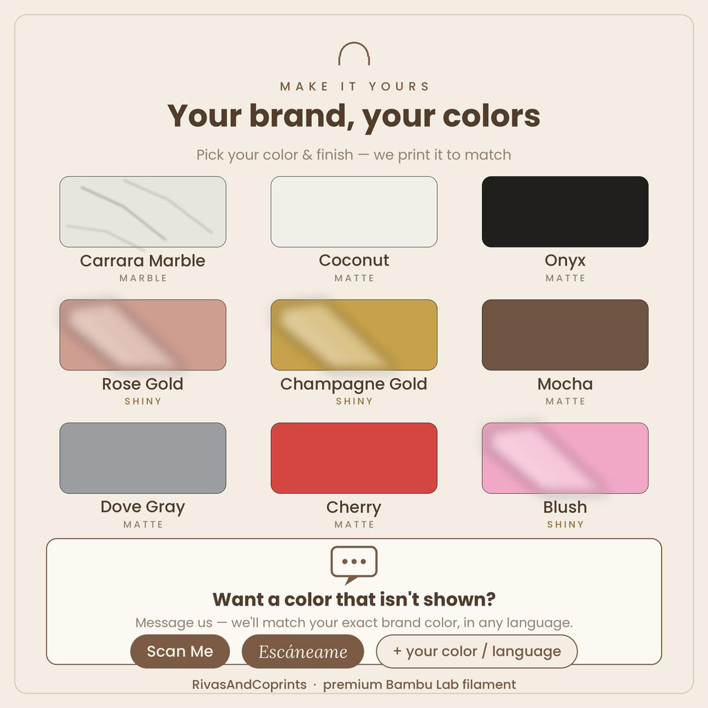 Color chart for custom QR code signs showing nine matte, shiny and marble filament options like Onyx, Cherry and Rose Gold