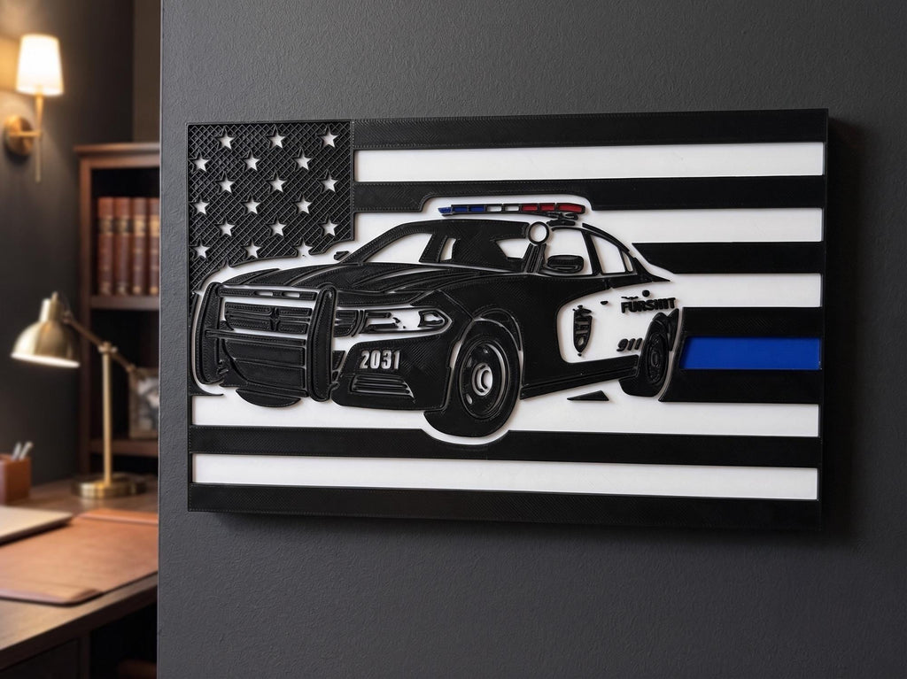 Personalized Police Car Thin Blue Line Flag, Custom Badge Number Decor