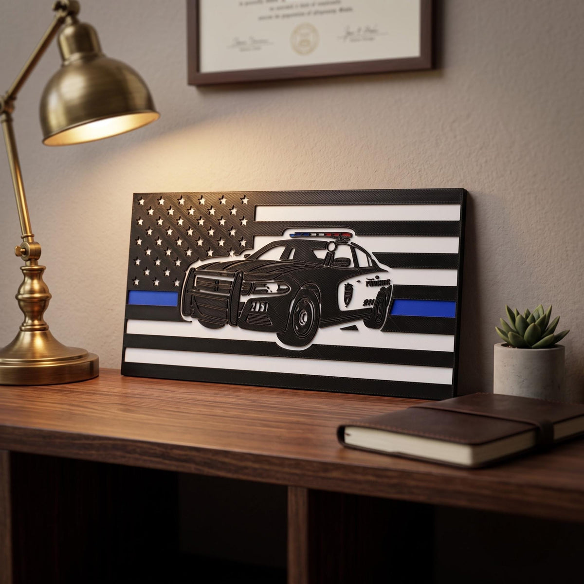 Personalized Police Car Thin Blue Line Flag, Custom Badge Number Decor