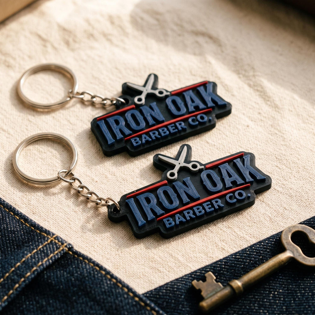 Two custom 3D logo keychains with Iron Oak Barber Co. logo in navy, red and black with scissors, on fabric beside denim