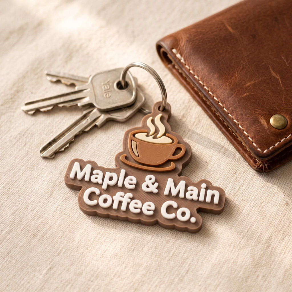 Custom 3D logo keychain reading "Maple & Main Coffee Co." with a brown steaming coffee cup, beside keys and a wallet