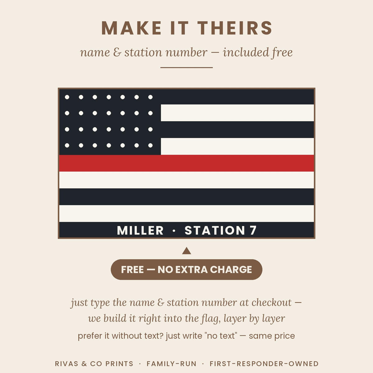 Personalized thin red line flag with "MILLER · STATION 7" text at bottom; name and station number included free