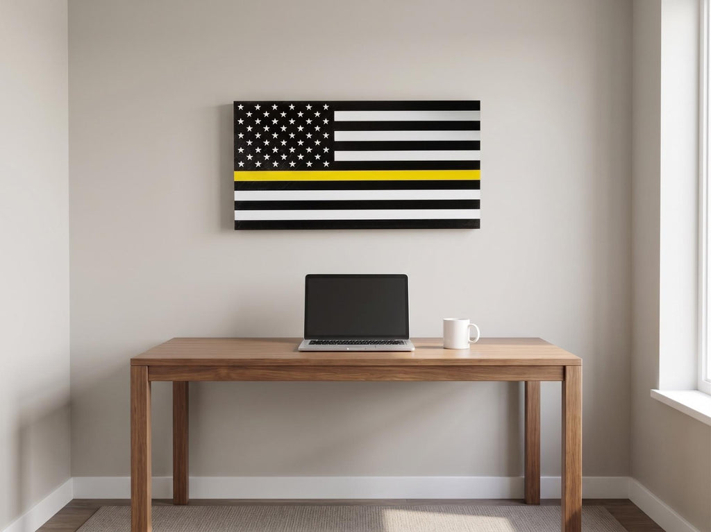 Personalized thin line flag in black and white with yellow stripe, hung on a wall above a wooden desk with laptop