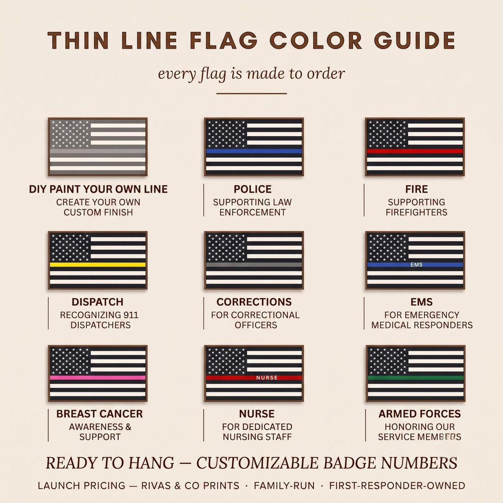 Color guide for thin line flags: police, fire, dispatch, corrections, EMS, nurse, armed forces, breast cancer, DIY