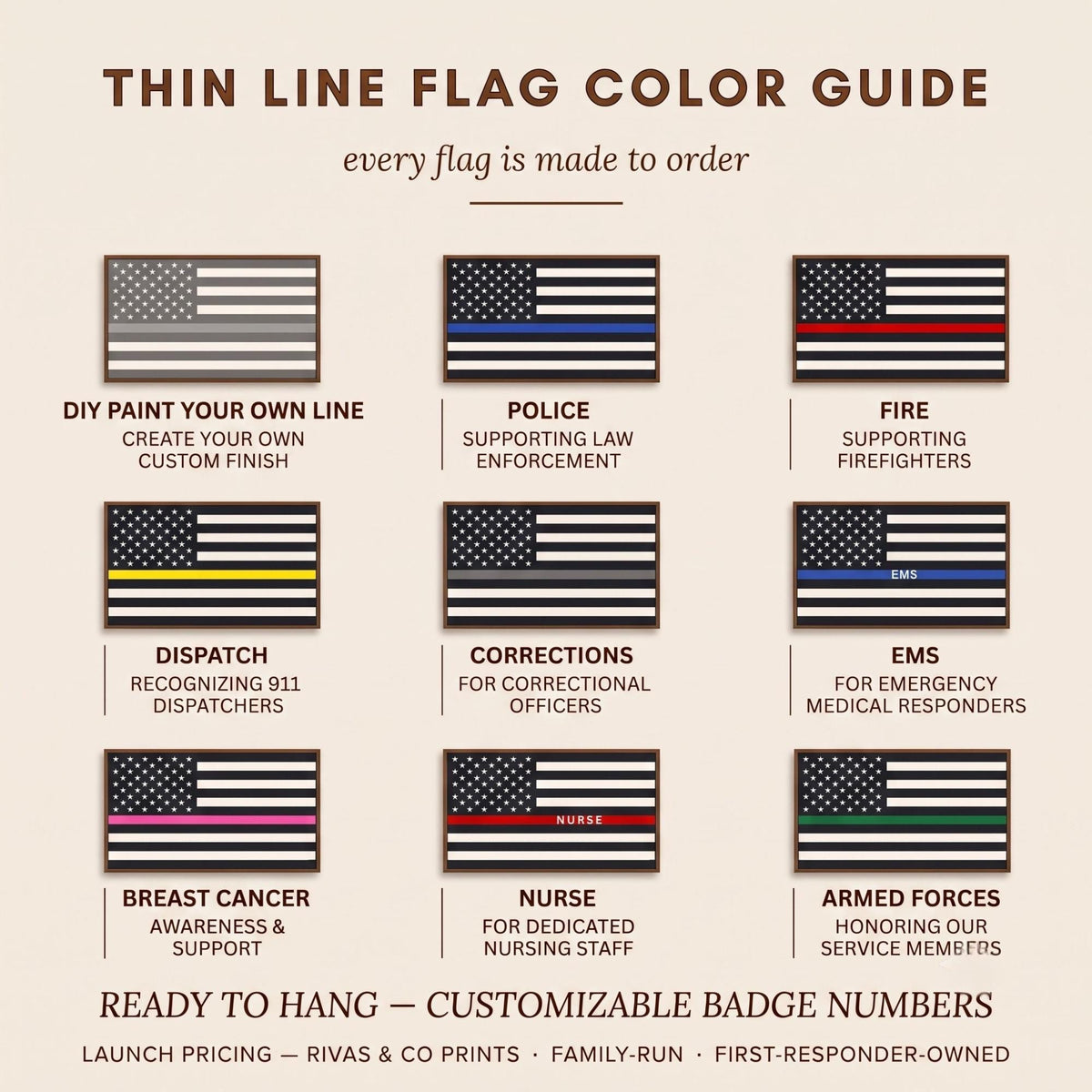 Color guide for thin line flags: police, fire, dispatch, corrections, EMS, nurse, armed forces, breast cancer, DIY