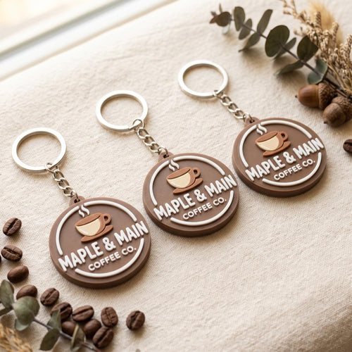 Three custom 3D logo keychains with Maple & Main Coffee Co. cup logo, brown and cream, on cream fabric with coffee beans