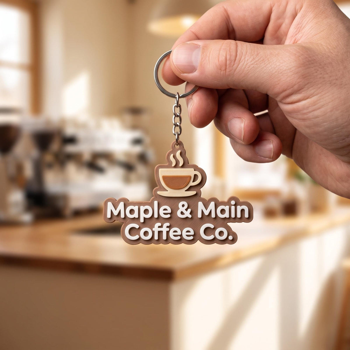 Custom 3D logo keychain in brown and cream reading "Maple & Main Coffee Co." with coffee cup icon, held in a café