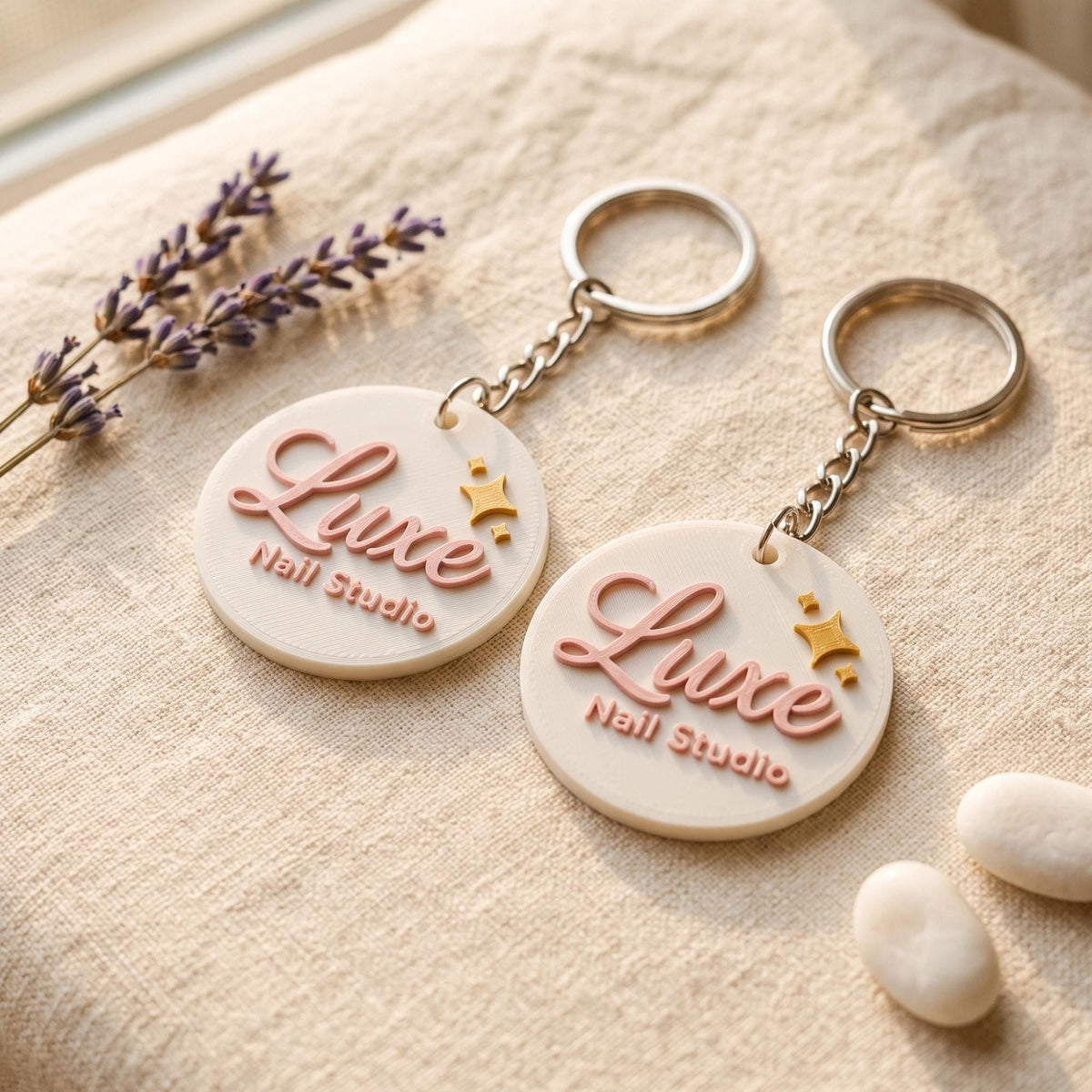 Two round custom 3D logo keychains reading Luxe Nail Studio in pink on cream, with gold stars, beside lavender on linen