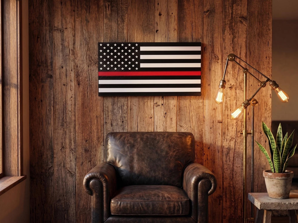 Personalized Thin Line Flag with a red stripe in black and white, hung on a wood-paneled wall above a leather armchair