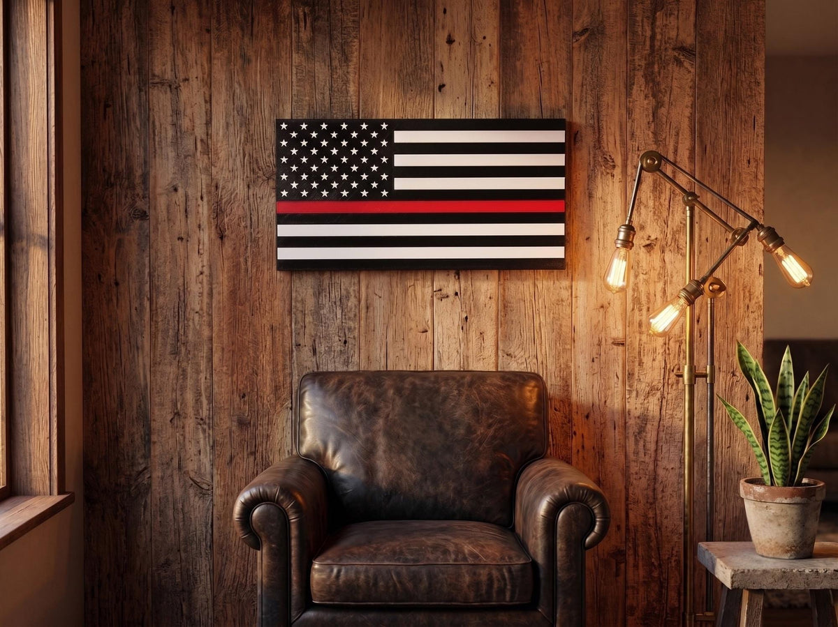 Personalized Thin Line Flag with a red stripe in black and white, hung on a wood-paneled wall above a leather armchair