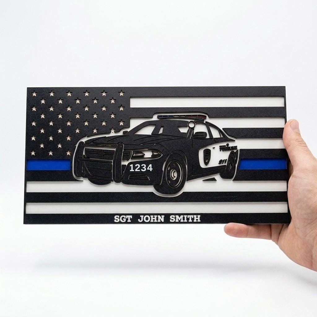 Personalized Police Car Thin Blue Line Flag, Custom Badge Number Decor