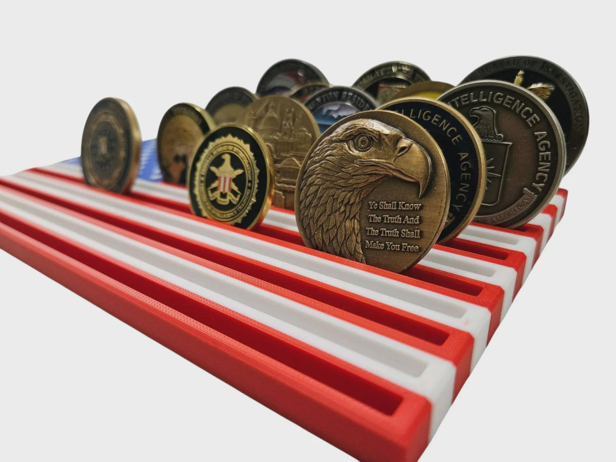 Thin Line Flag Challenge Coin Display with red and white slots holding eagle and Intelligence Agency challenge coins