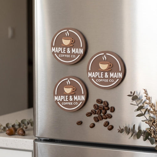 Three brown round custom 3D logo magnets reading Maple & Main Coffee Co. with coffee cup on a stainless steel fridge
