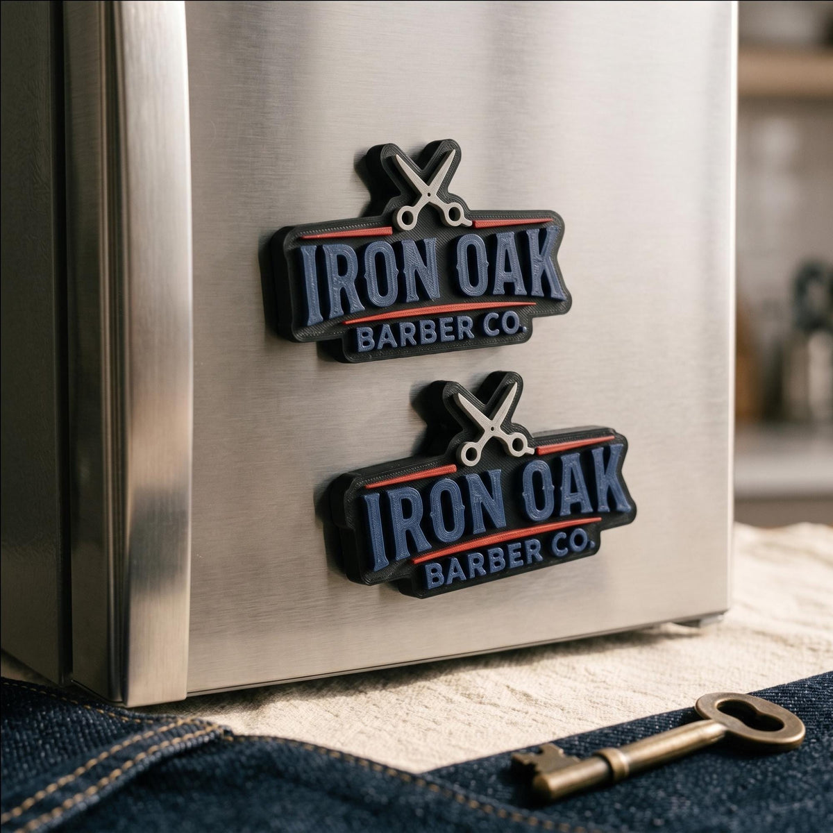 Two custom 3D logo magnets reading Iron Oak Barber Co. with scissors icon, navy and red on black, on a metal fridge
