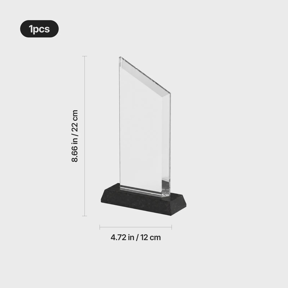 Blank crystal award with slanted top on black base, shown with dimensions 8.66 in tall by 4.72 in wide, no logo yet