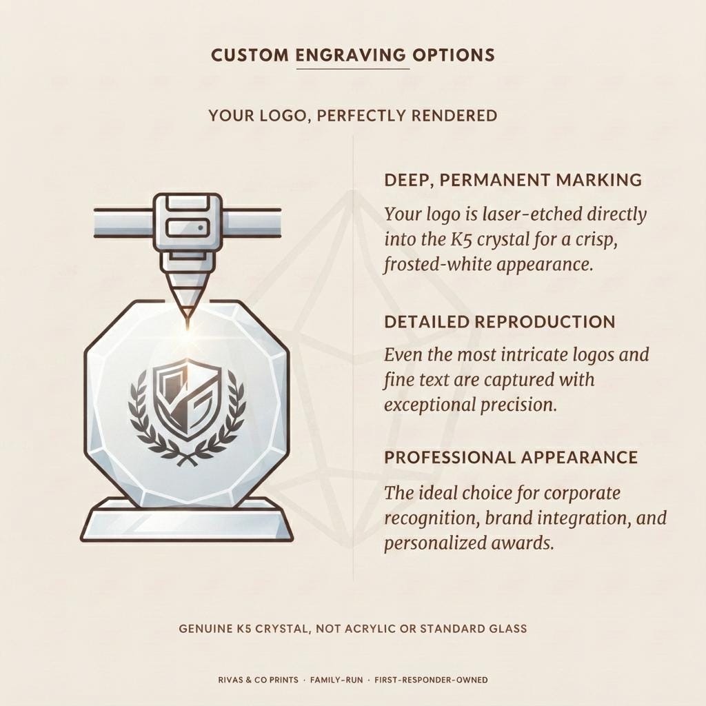 Crystal award with sample shield logo being laser-etched, plus custom engraving options text on a cream background
