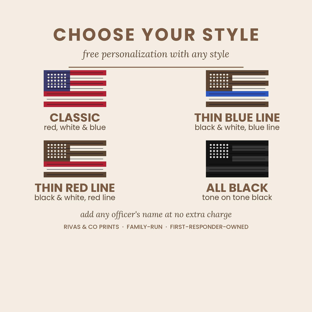 Style options chart for Thin Line Flag Challenge Coin Display: classic, thin blue line, thin red line, all black flags