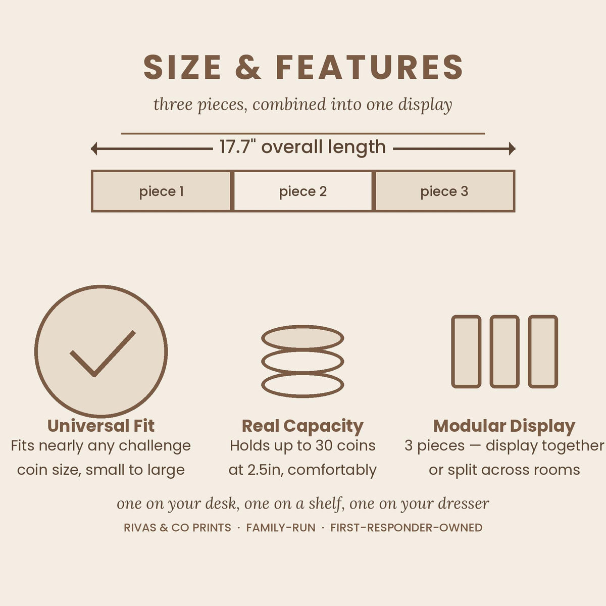 Size and features chart for Police Badge Challenge Coin Display: three pieces, 17.7" overall, holds 30 coins