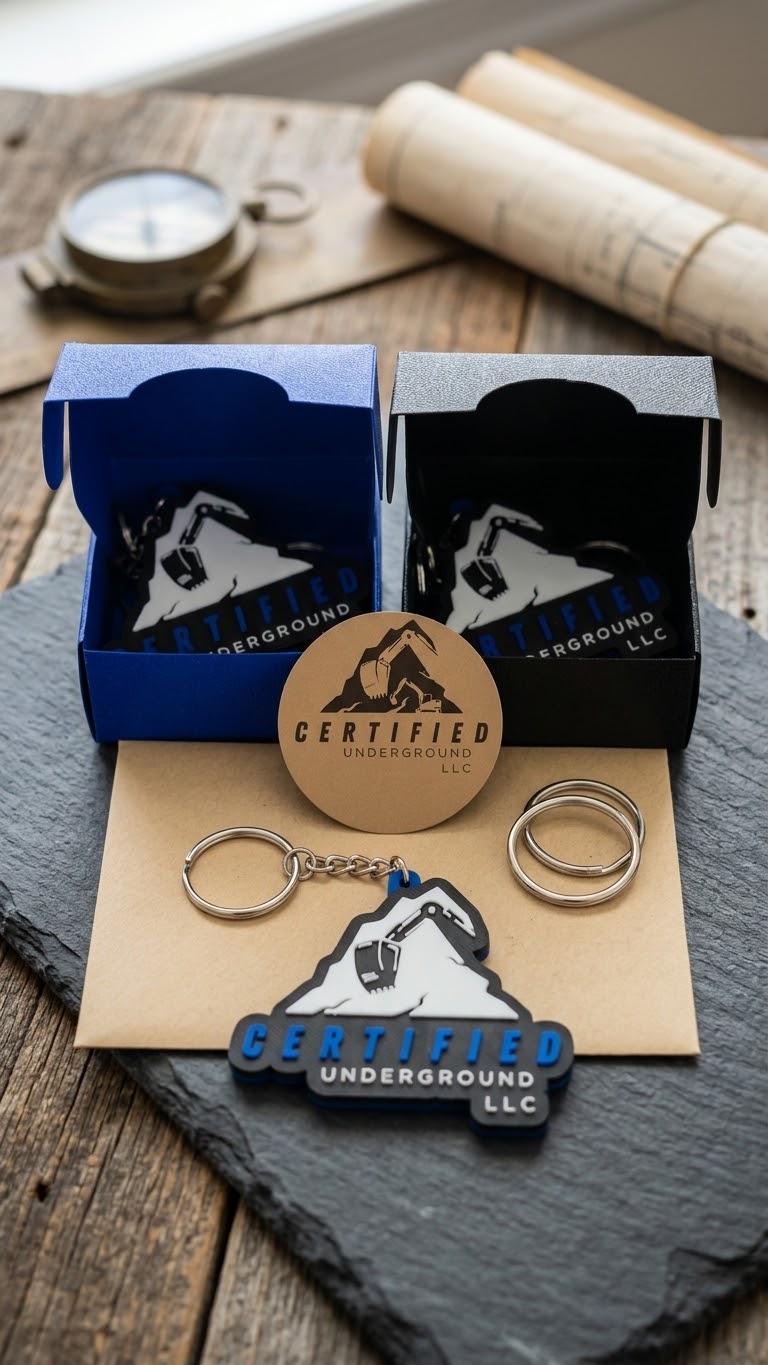 Custom 3D logo keychain for Certified Underground LLC with excavator logo, shown with blue and black boxes