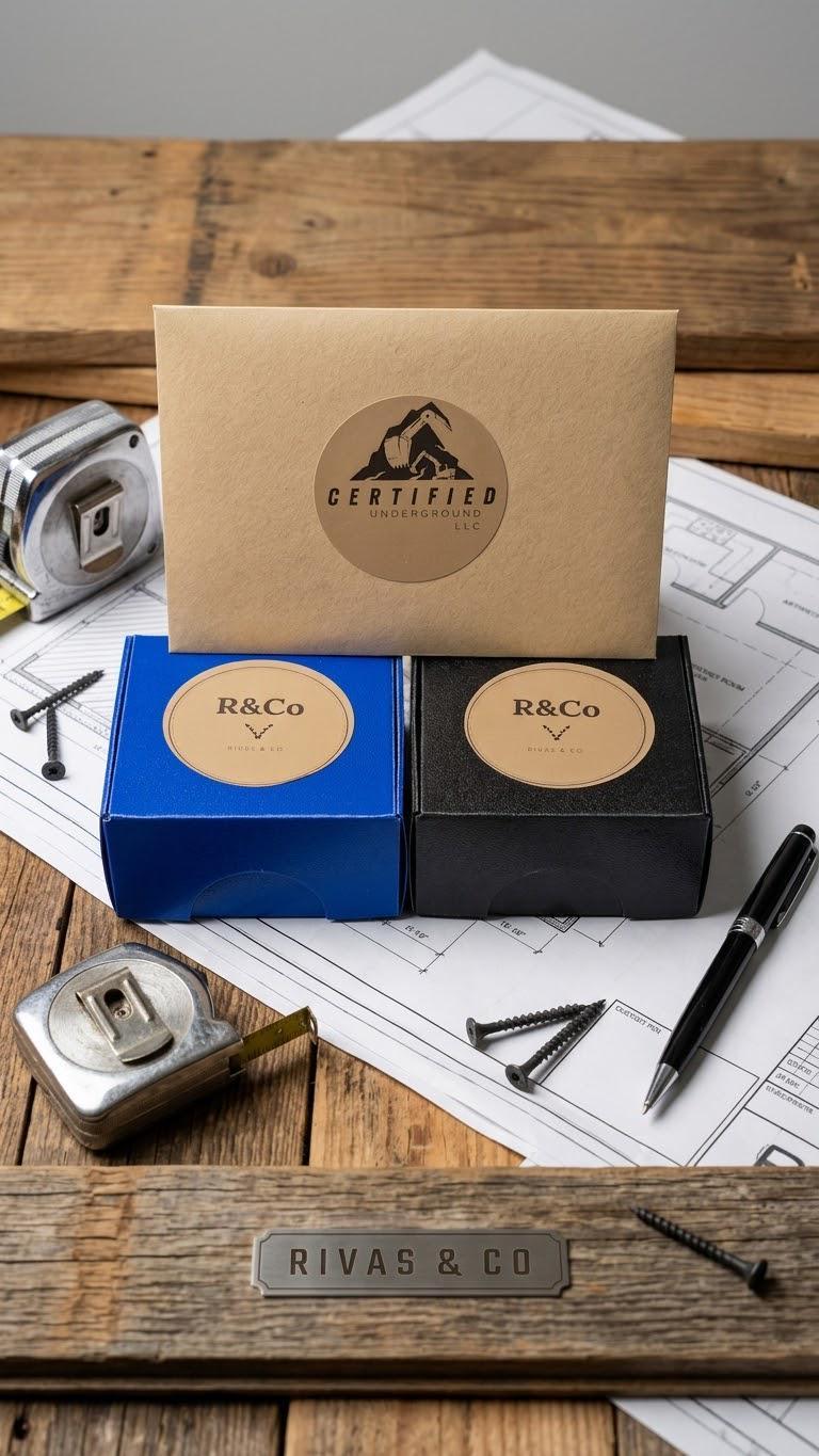 Custom keychain boxes in blue and black with R&Co labels, topped by a Certified Underground LLC envelope on blueprints