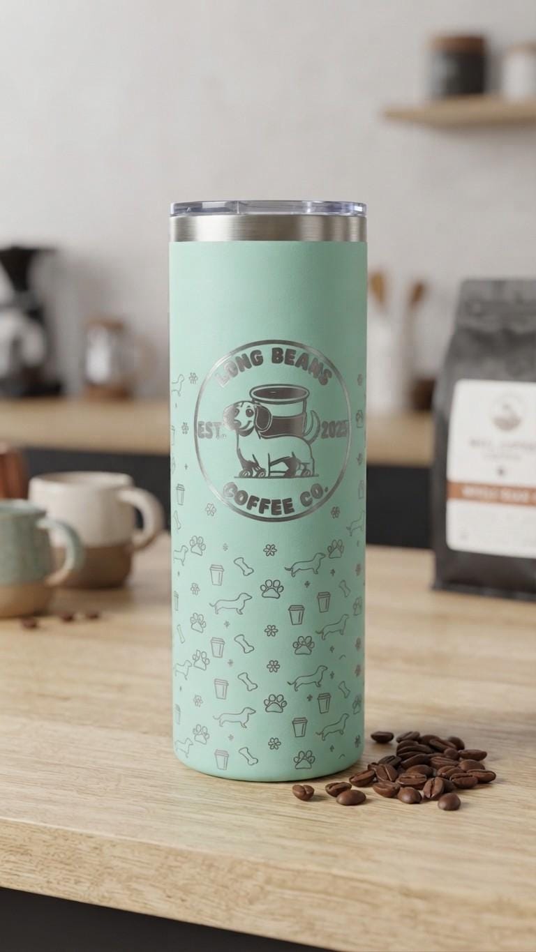Mint 20 oz tumbler laser engraved with a coffee shop logo pattern