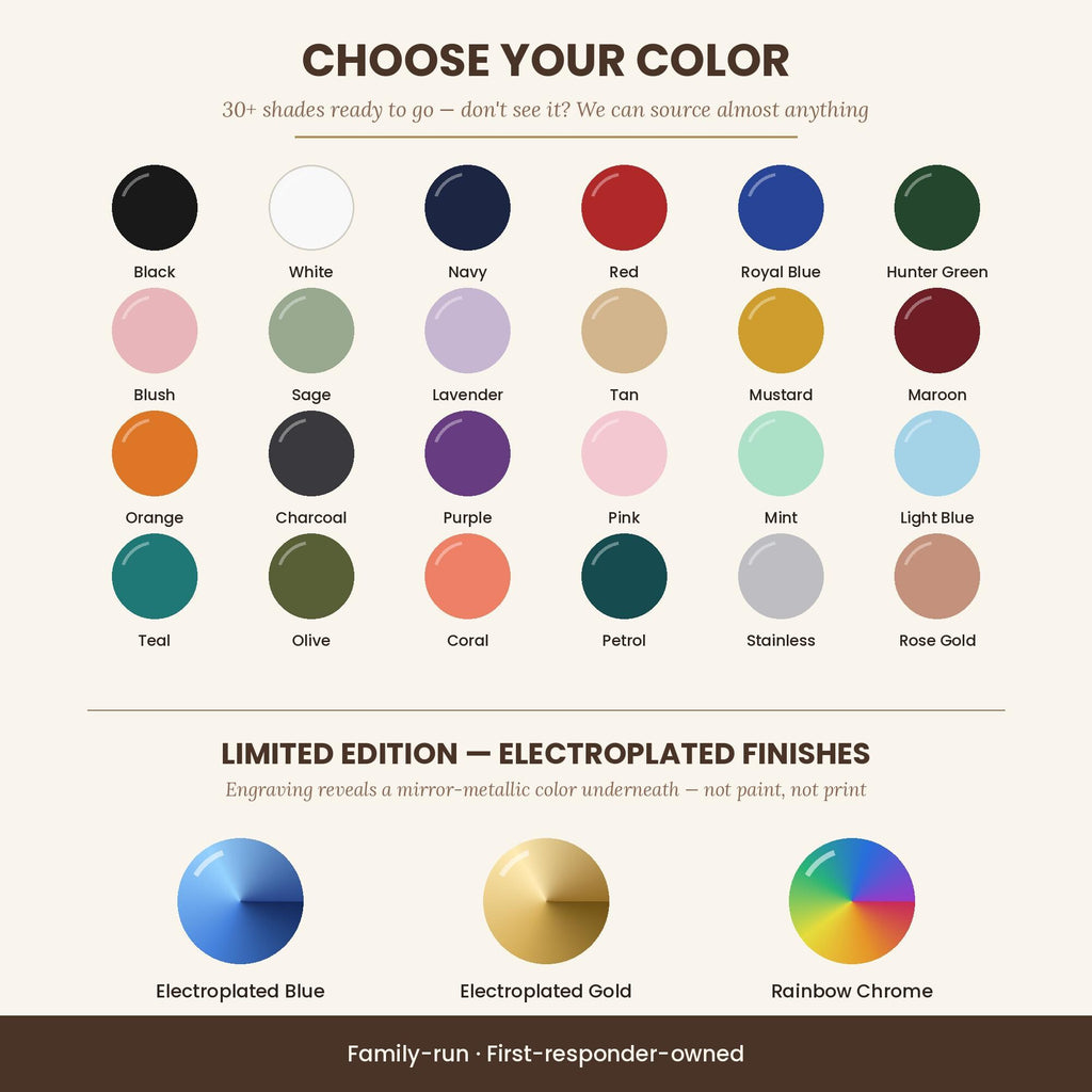 Tumbler color options chart for custom engraved logo tumblers