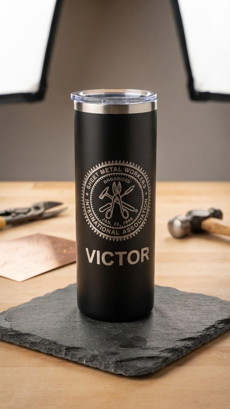 Personalized black 20 oz tumbler laser engraved with a logo and name