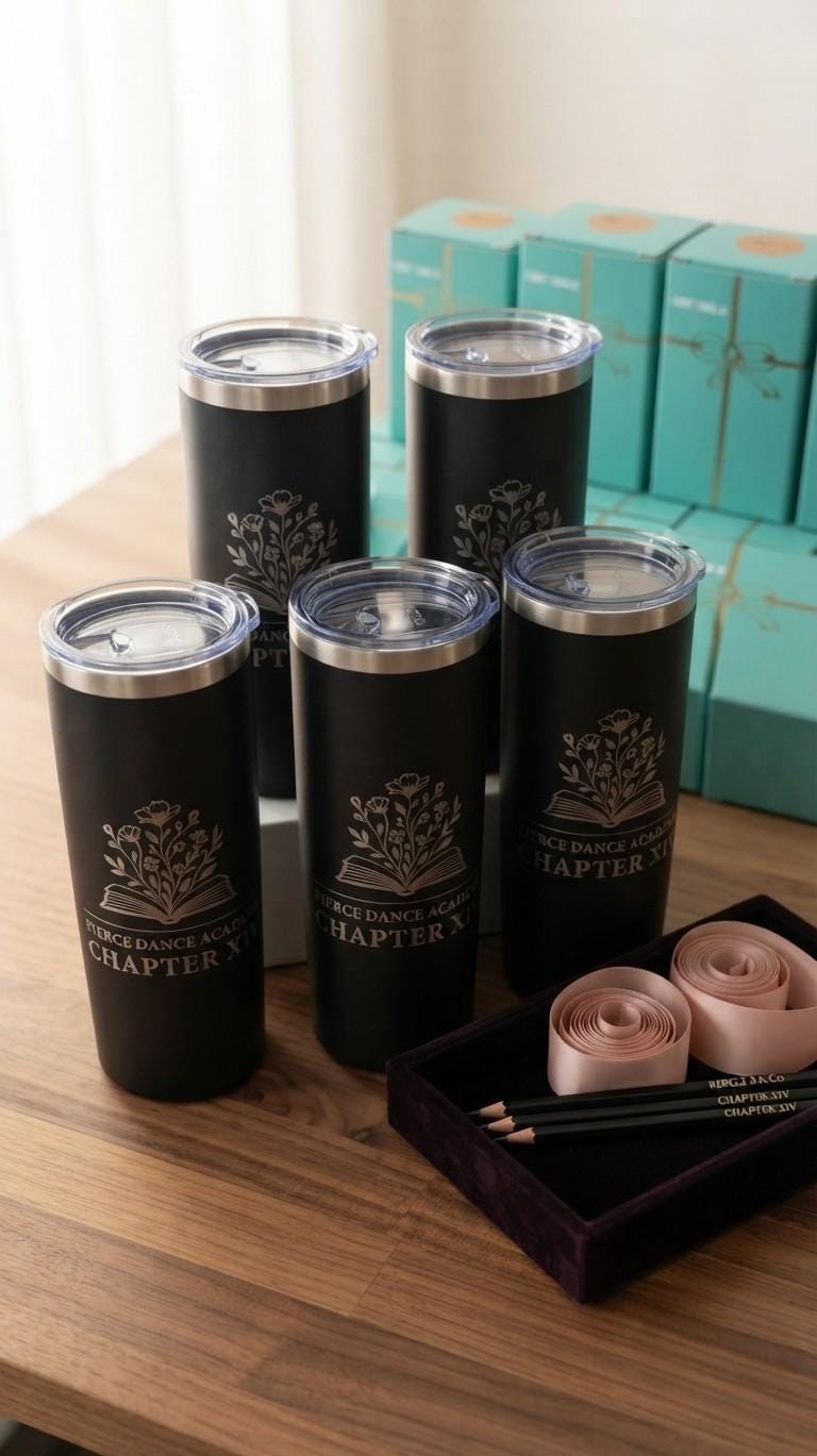 Black engraved company logo tumblers, custom business swag made by a family shop in North Carolina