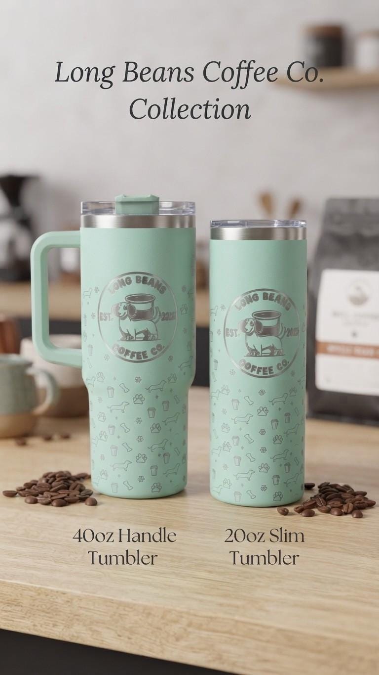 Custom logo tumbler collection: 40 oz handle tumbler and 20 oz tumbler engraved with a coffee shop logo