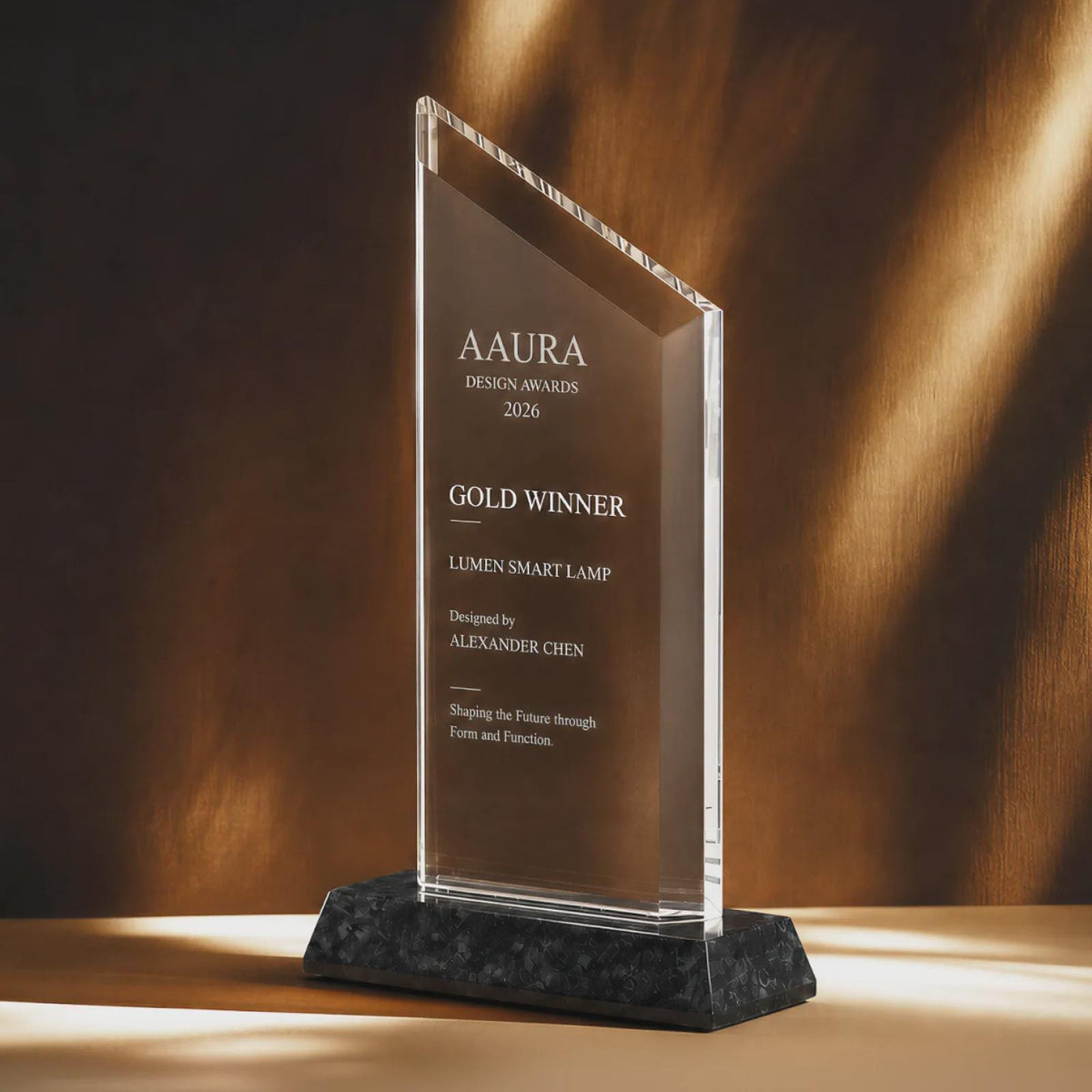 Crystal award with angled top and dark base reading AAURA Design Awards 2026 Gold Winner, on a warm amber backdrop