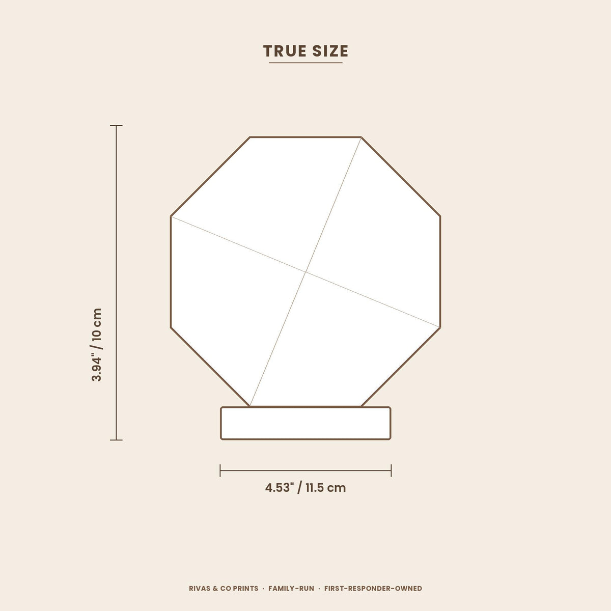 Size diagram for octagonal Personalized Crystal Award on a base, 3.94" tall and 4.53" wide (10 x 11.5 cm)