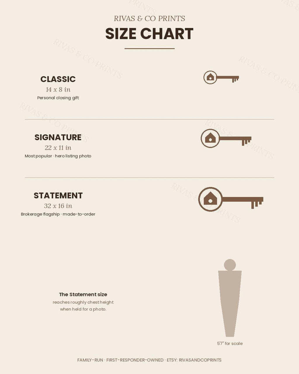 Size chart for realtor sold key signs: Classic 14x8, Signature 22x11, Statement 32x16 in, with scale figure