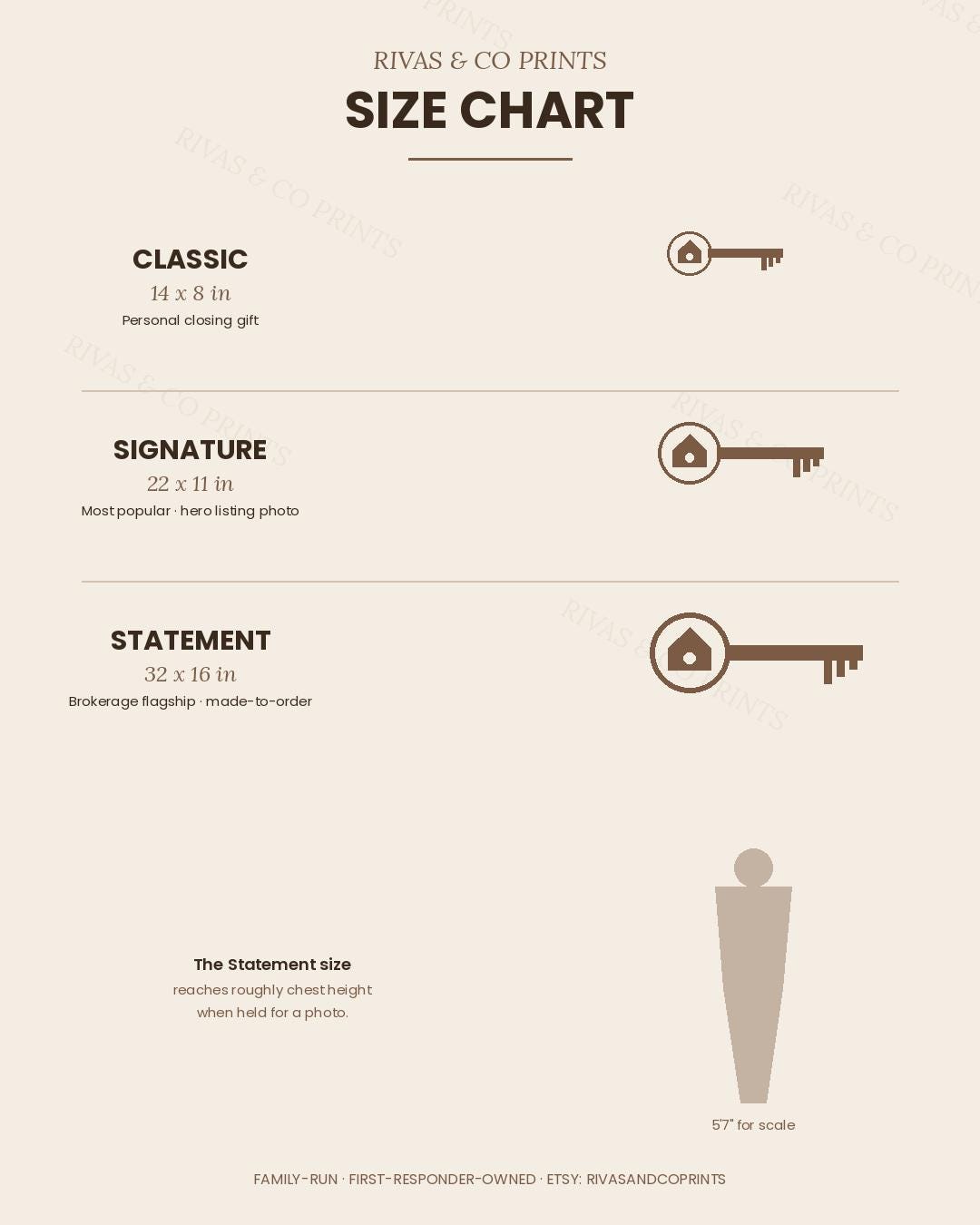 Size chart for realtor sold key signs: Classic 14x8, Signature 22x11, Statement 32x16 in, with scale figure