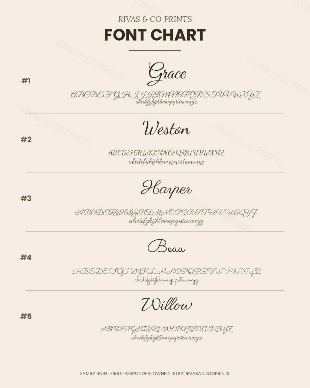 Font chart for personalized Realtor Sold Key Sign showing five script options: Grace, Weston, Harper, Beau, Willow