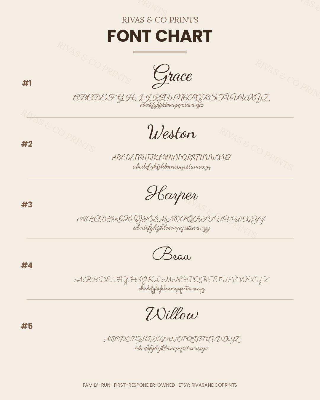 Font chart for personalized Realtor Sold Key Sign showing five script options: Grace, Weston, Harper, Beau, Willow