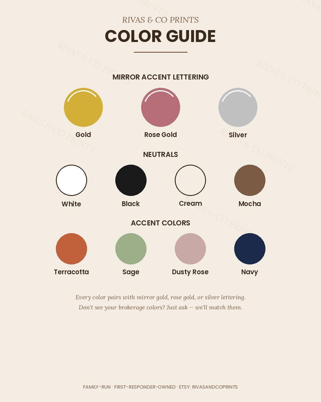 Color chart for Realtor sold key signs: gold, rose gold, silver mirror lettering plus neutral and accent colors