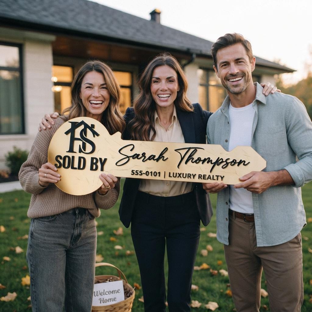 Personalized gold key Sold By sign with sample logo and Sarah Thompson, held by three smiling people outside a home