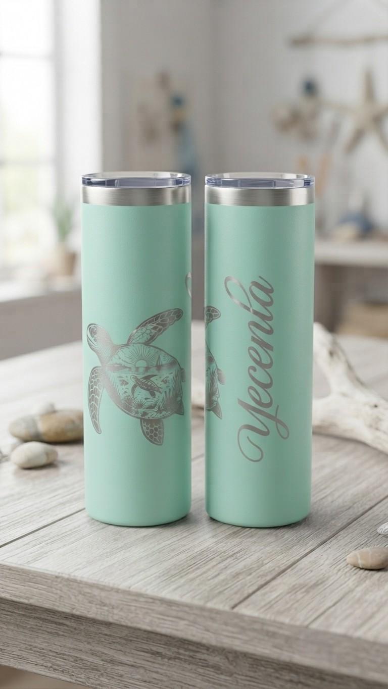 Personalized tumblers engraved with names and a design