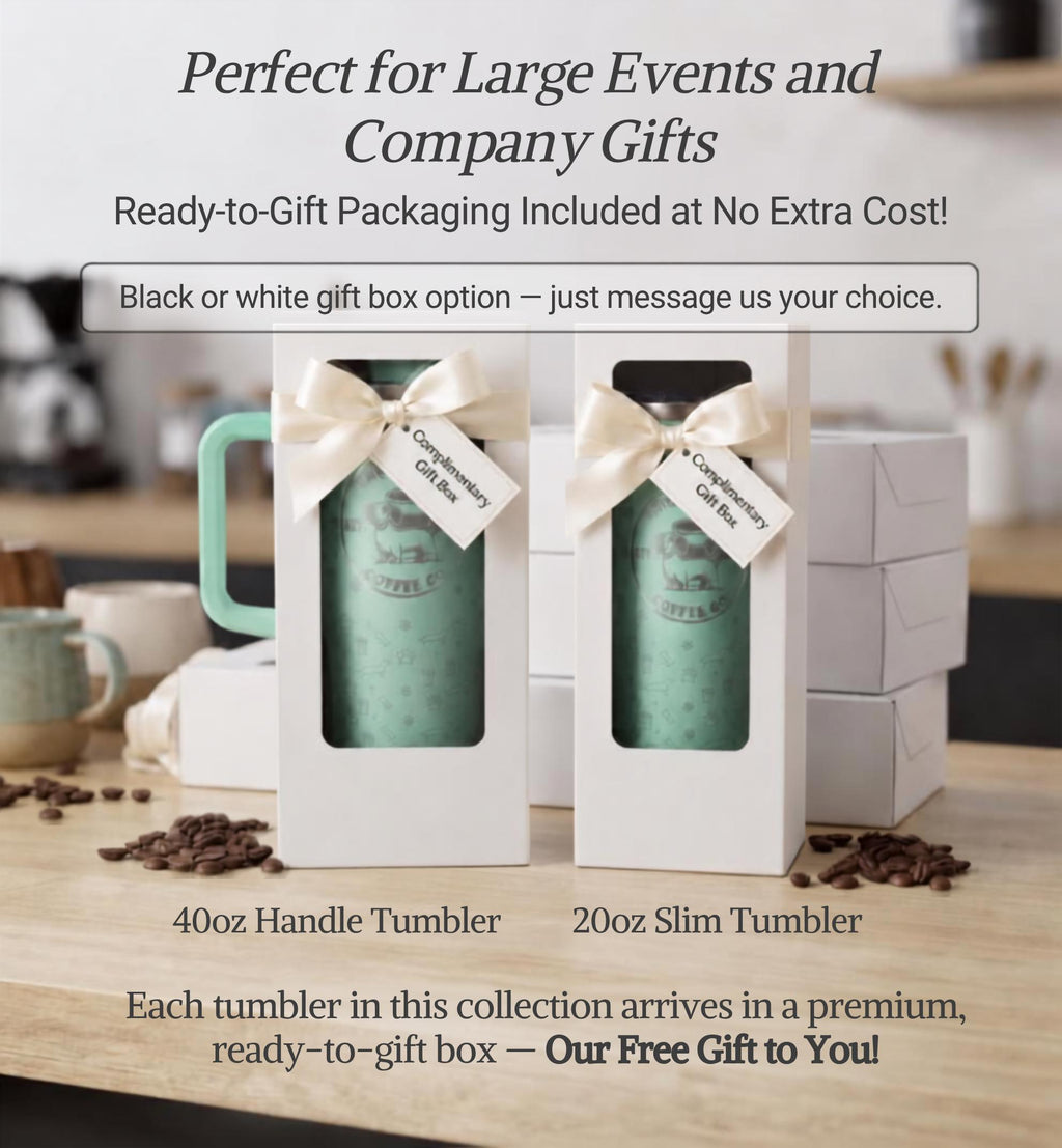 Engraved logo tumblers in free ready-to-gift boxes, 40 oz handle tumbler and 20 oz tumbler