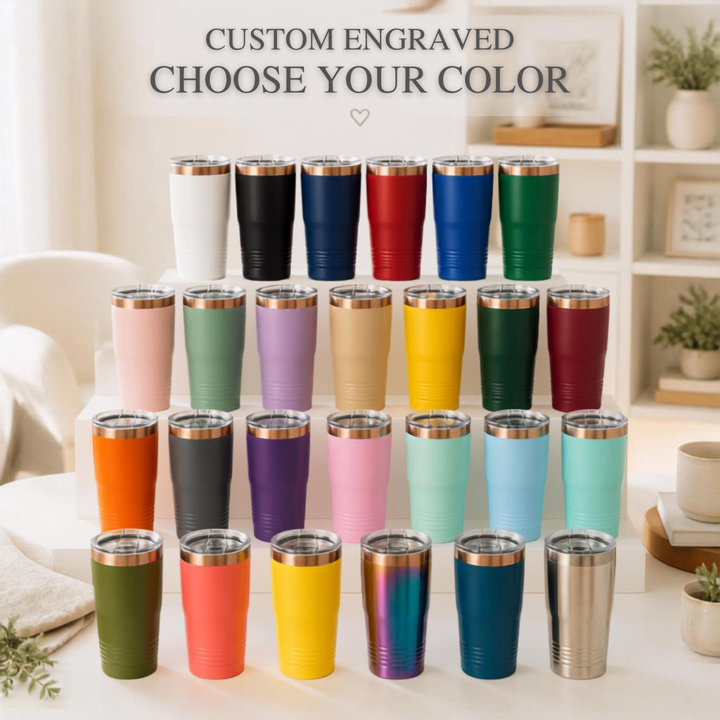 Custom engraved tumblers in many colors for branded corporate gifts