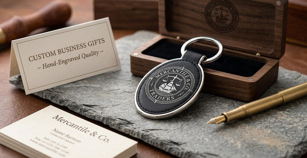 Black oval leather keychain engraved with Mercantile & Co. Traders logo, shown with wooden gift box on slate